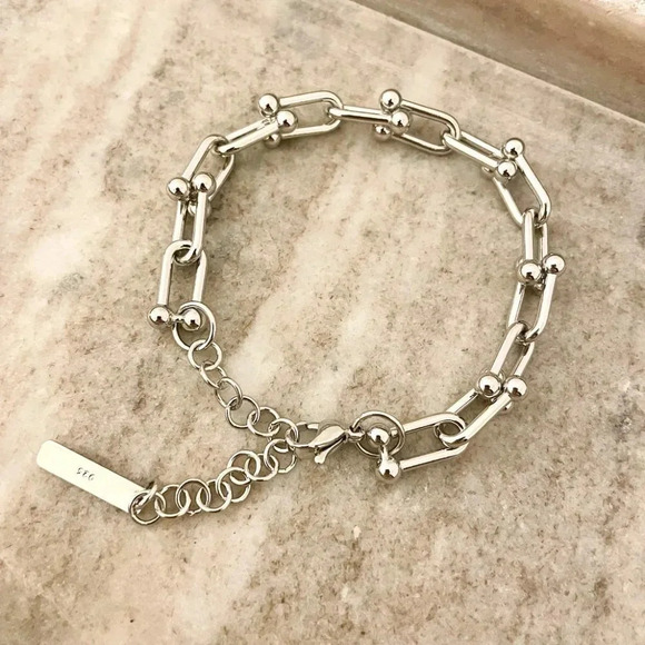 925 Sterling Silver U-Link Bracelet Horseshoe Bracelet Chunky Modern Bracelet - Picture 7 of 10